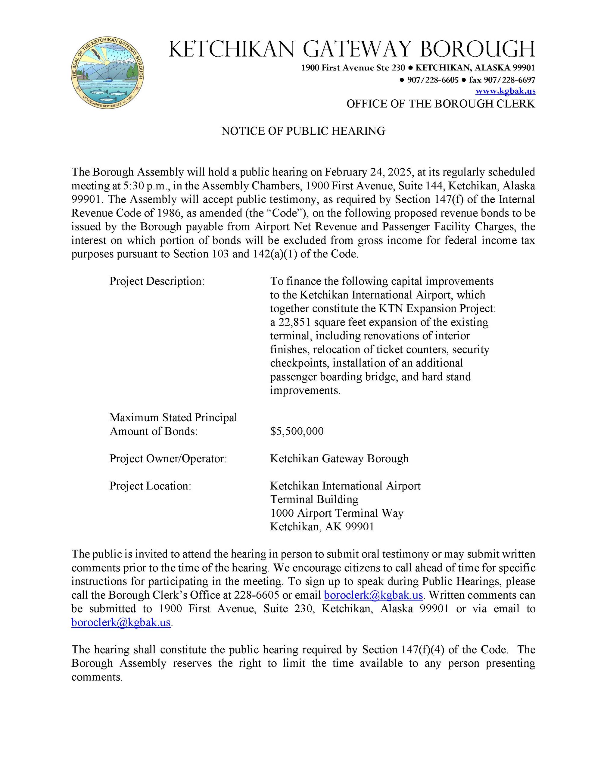 Airport Bonds TEFRA Notice Public Hearing Notice