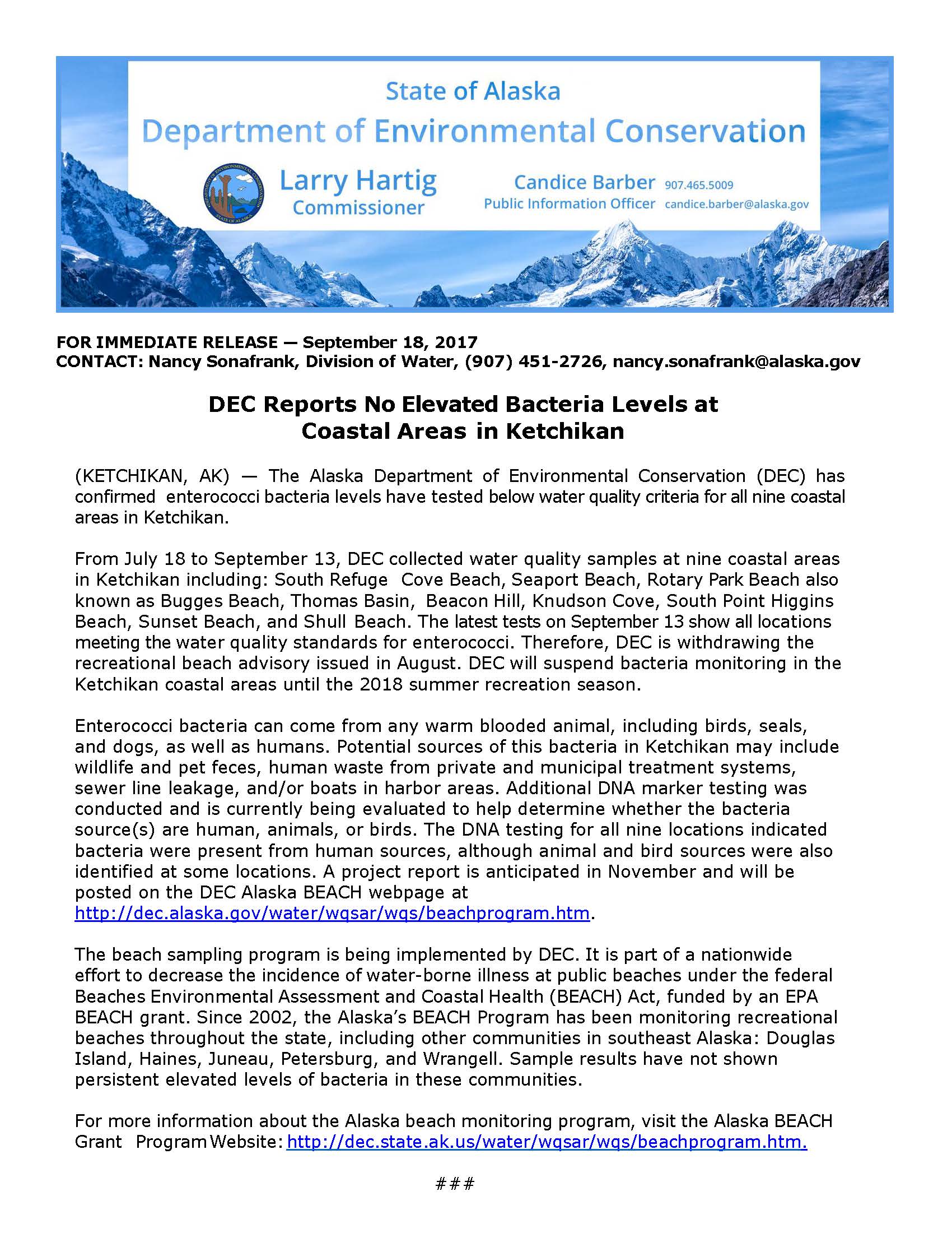 DEC Reports No Elevated Bacteria Levels at Coastal Areas in Ketchikan